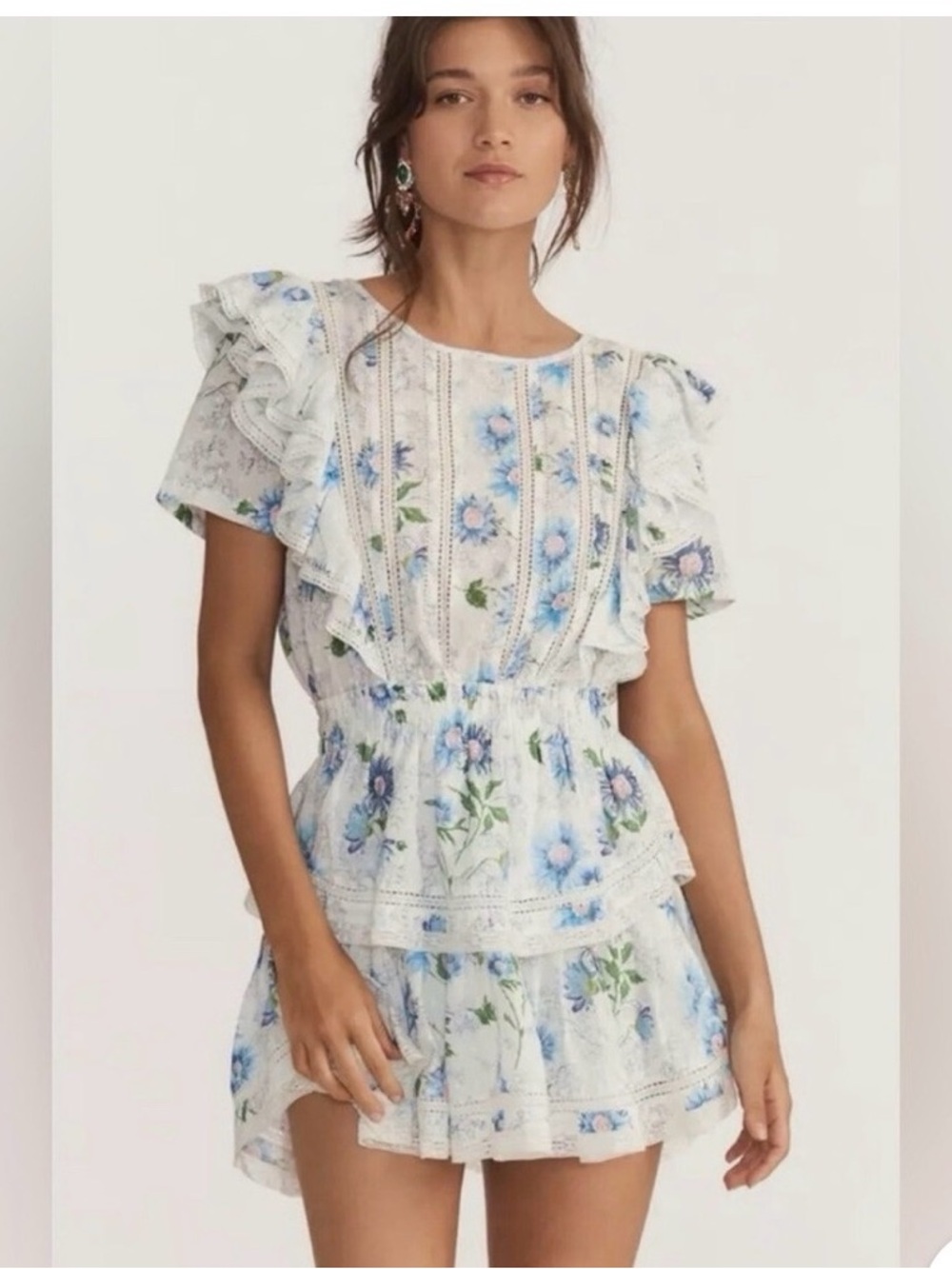 LoveShackFancy White Dress with Blue Floral and Green Accents